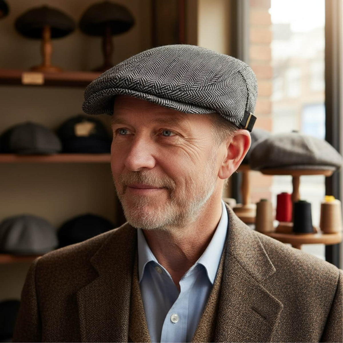 Herringbone flat cap in a wool blend — SAXMUNDHAM