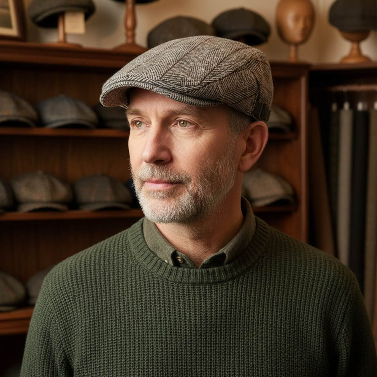 Herringbone flat cap in cotton — HADLEIGH