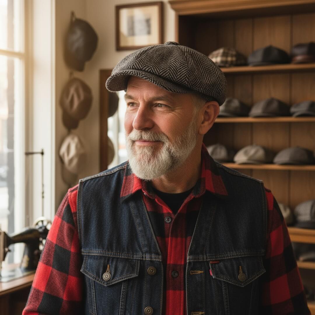 Herringbone newsboy cap in a wool blend — WOODBRIDGE