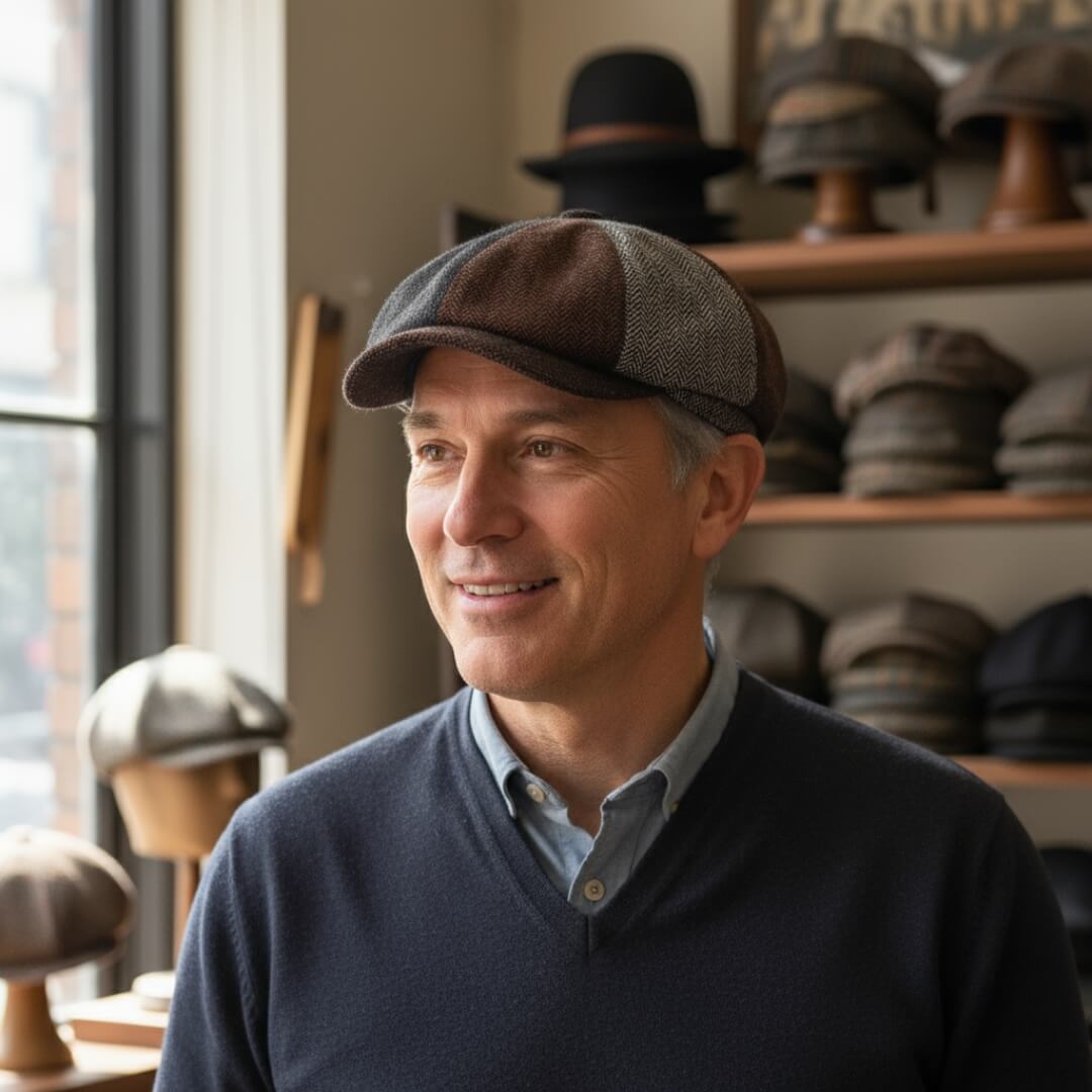 Patchwork newsboy cap in a wool blend — ILKLEY