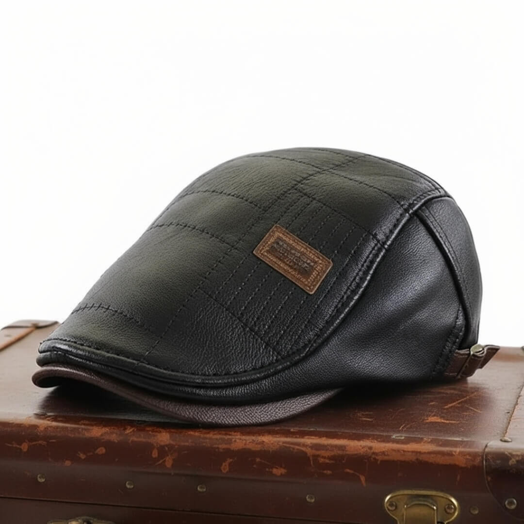 Windowpane flat cap in leather — PERSHORE