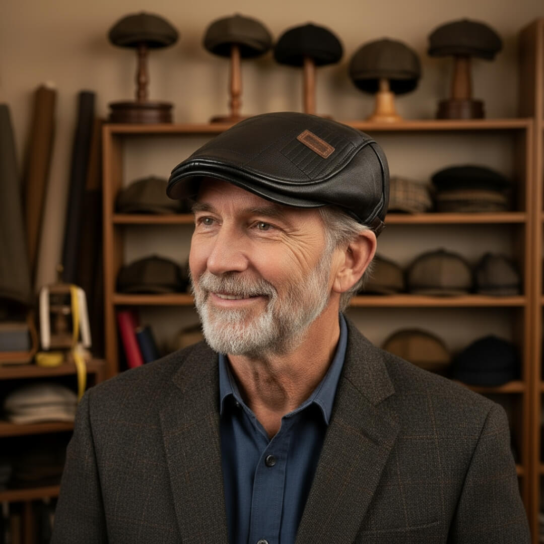 Windowpane flat cap in leather — PERSHORE
