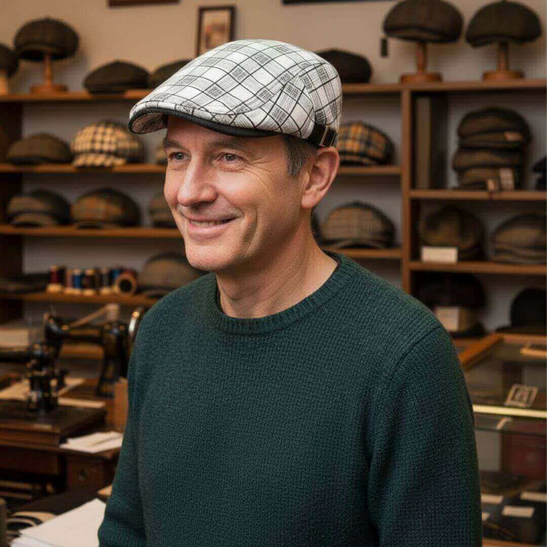 Check flat cap in a linen blend — PAINSWICK