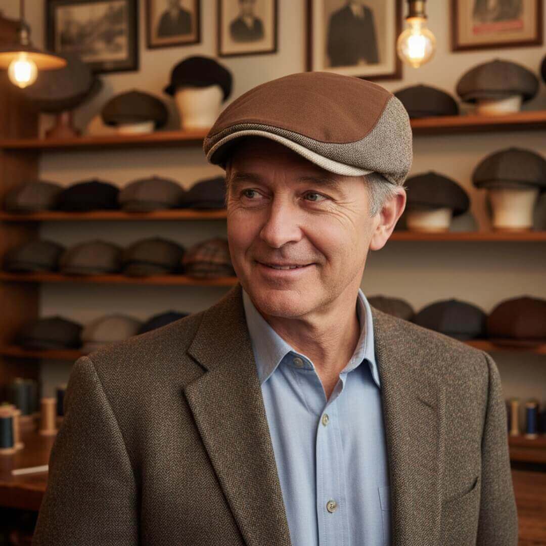 Herringbone flat cap in cotton — POCKLINGTON