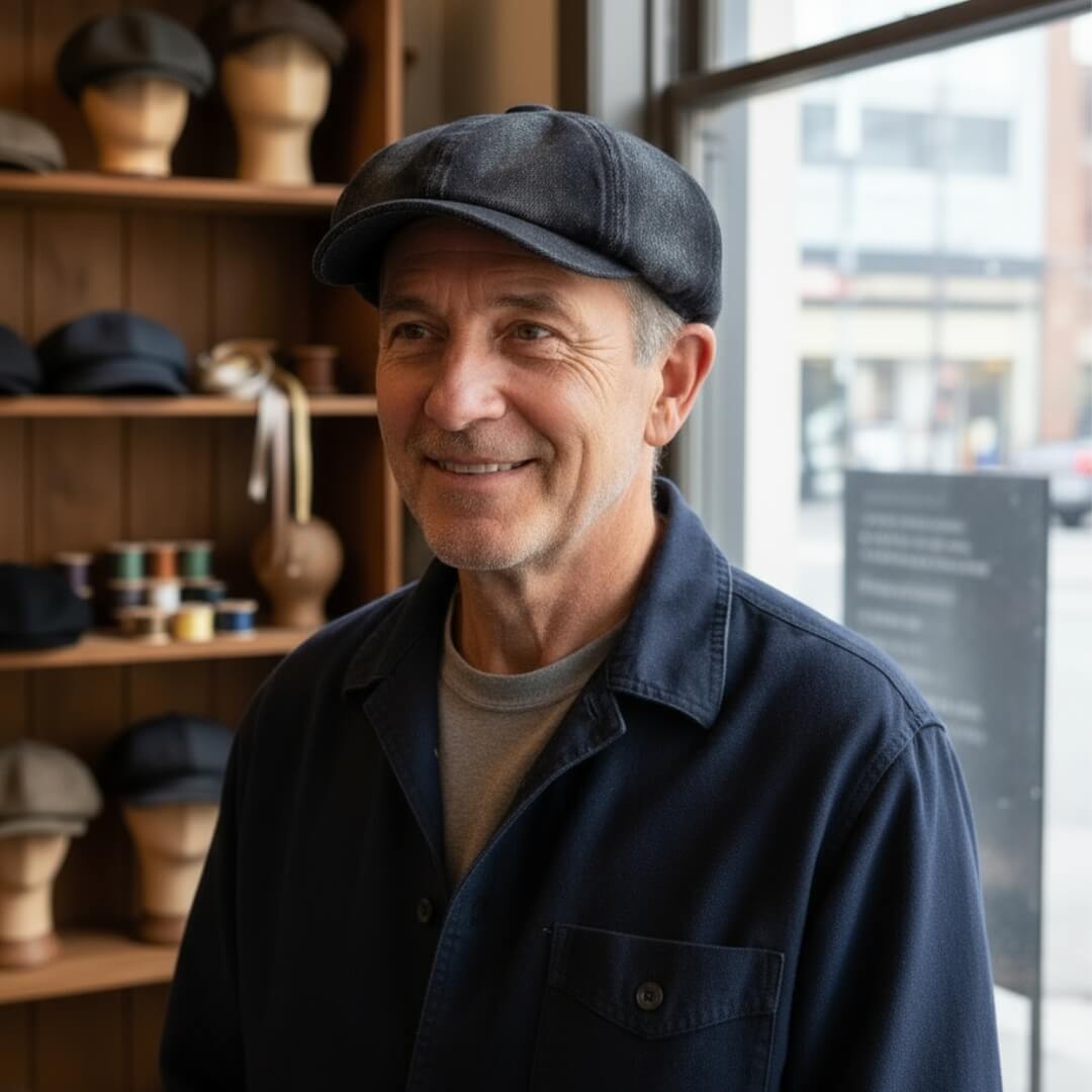 Newsboy cap in denim — MACHYNLLETH